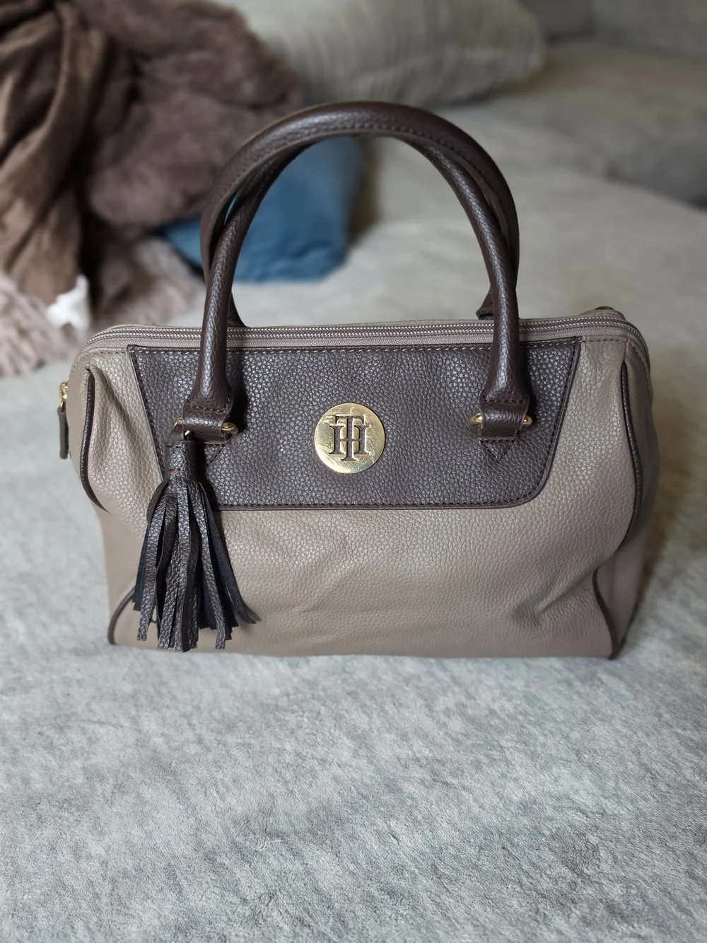 Tommy Hilfiger Taupe and Dark Brown Faux Leather Satchel